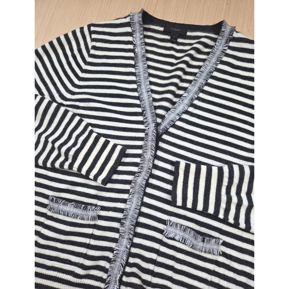 J.Crew Women's L Harlow Fringe Wool Cardigan Sweater Black White Striped V Neck